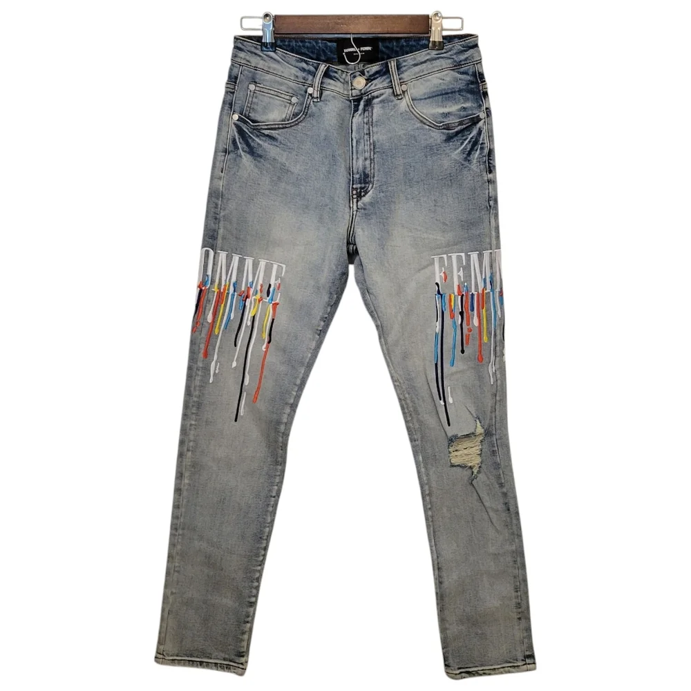 NWT Homme + Femme Letterman Men's Drip Denim Blue With White Letters Size 30/S - Picture 7 of 13